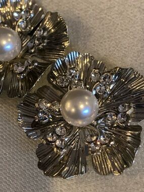 Silver Floral Pearl and Crystal Earrings - White Pearl Accent